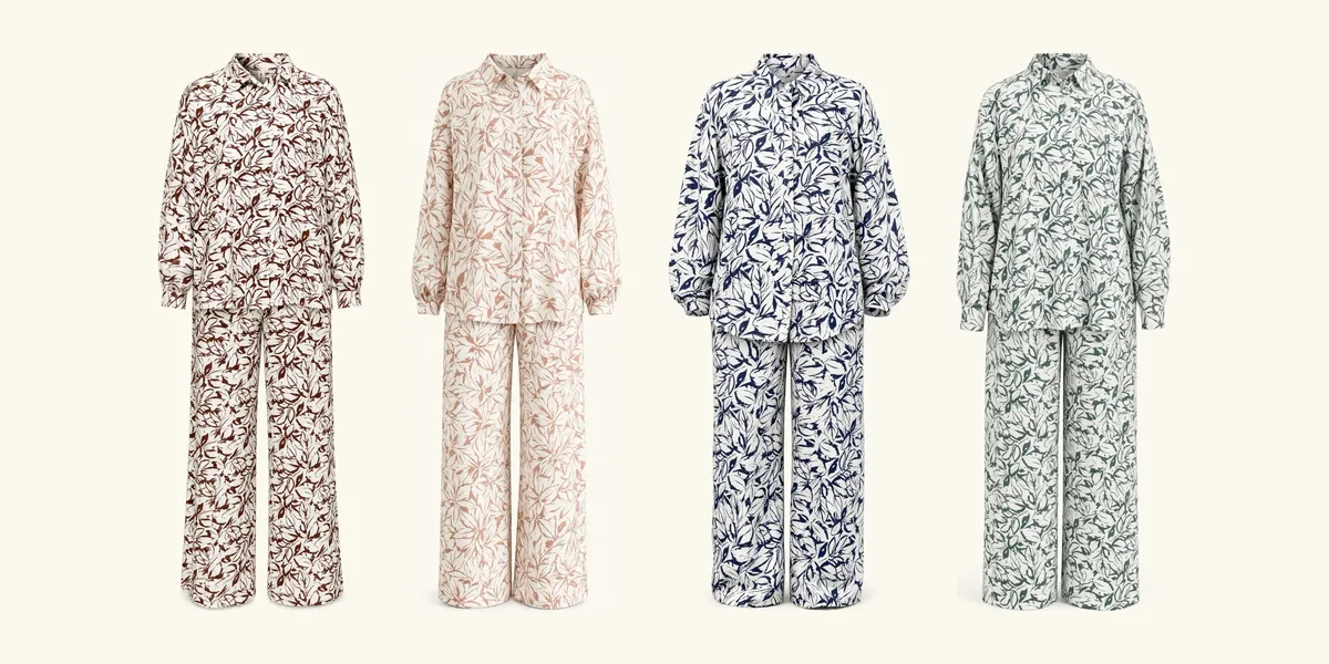 L'ensemble Flora présenté dans ses quatre coloris : marron, crevette, bleu marine et vert